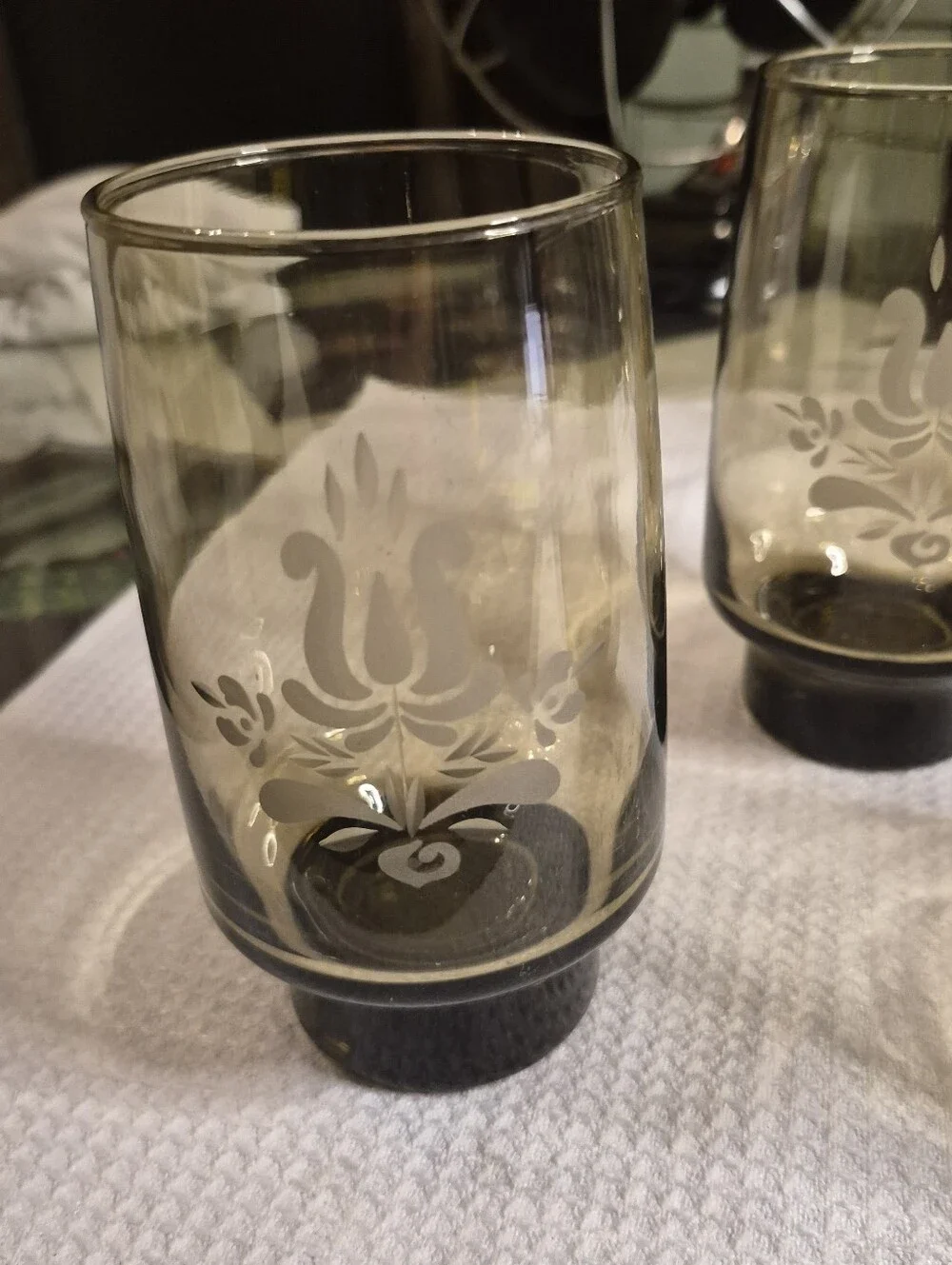 Smoked Glass Floral Etched Tumbler - Set of 6 VINTAGE
